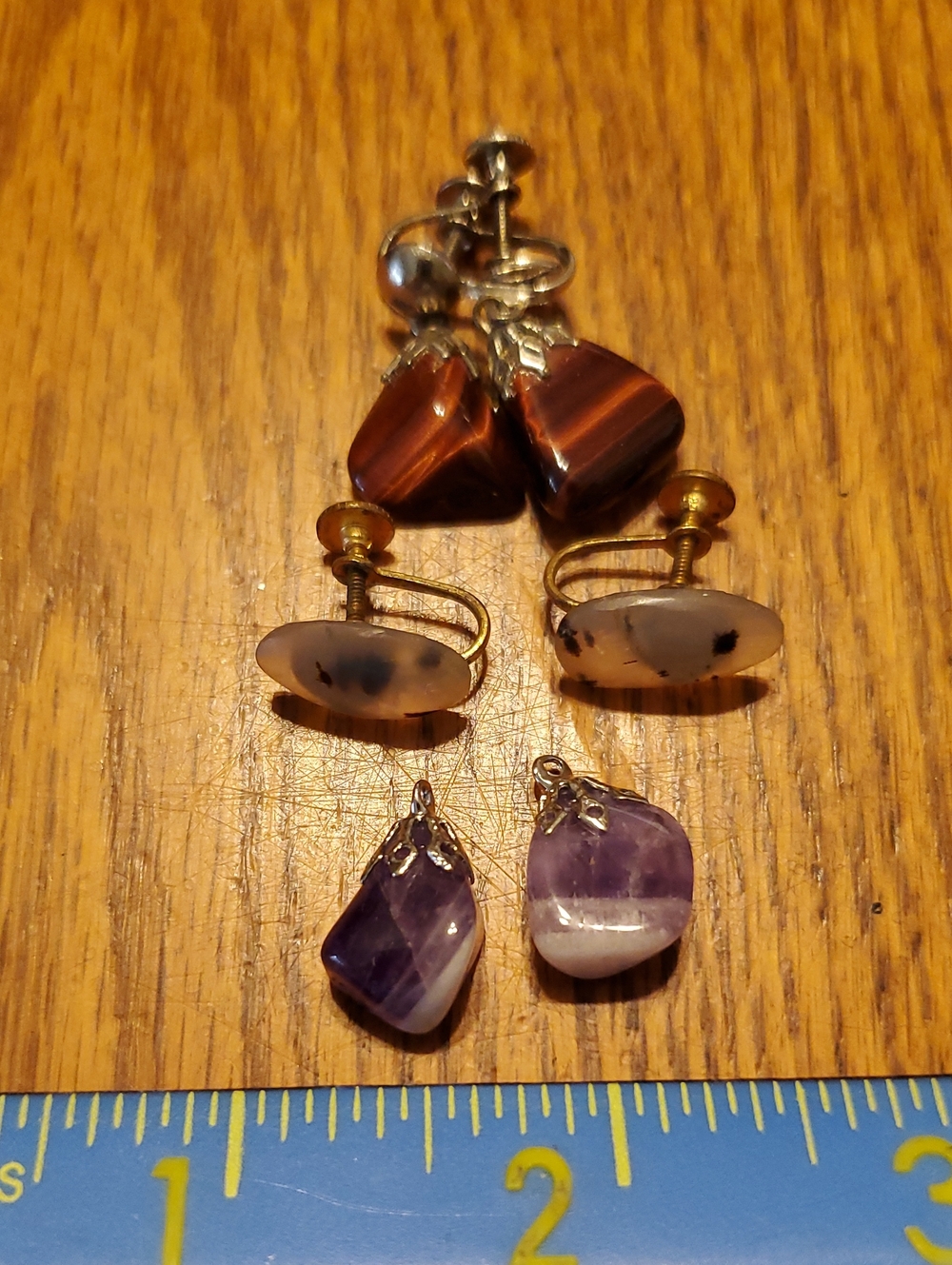 3 Handmade Amethyst, Tiger Eye and  Ckear Agate Clip On Earrings